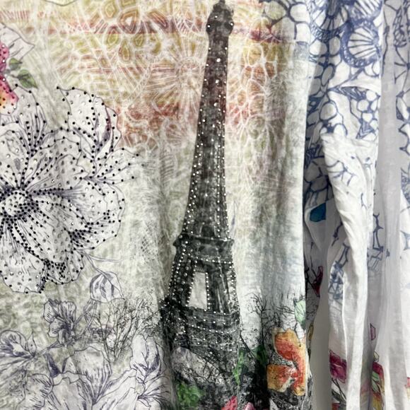 Vintage Jess & Jane Shirt XL Burn Out Sublimation Paris Rhinestones Y2K V Neck - Picture 3 of 8